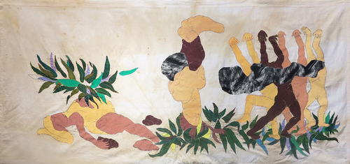 stitching, painting, and patchwork on duvet dyed with plant extracts (Peganum harmala), 97x205 cm 