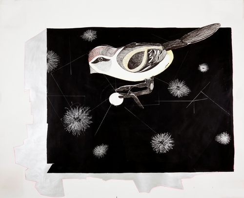 Birdhouse,<br />2009,<br />acrylic on paper,<br />150x173 cm