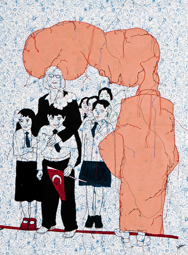 Social Studies (lesson) 'based on screening model', 2011<br />Acrylic and stitching on canvas, 143x115cm