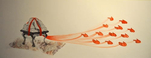 silent witnessing, 2012<br />watercolor on paper, 30x80 cm