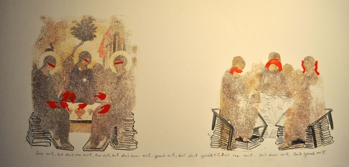don't see, don't hear, don't speak evil, 2012<br />watercolor on paper, 30x80 cm