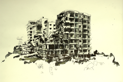 simplify democracy (the building doesn't get it), 2012<br />ink on paper, 29,5x41,5 cm