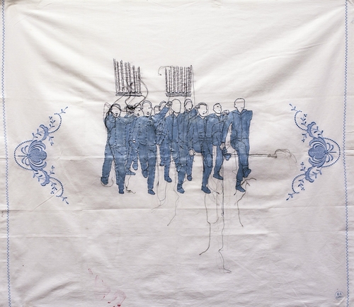 embroidery and painting on found fabric<br />98x85 cm